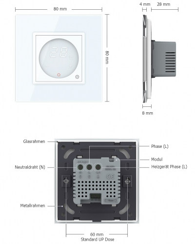 LIVOLO Digitales Touch Raumthermostat mit Bodenfühler / Temperaturfühler für Fußboden/Elektroheizung mit Stellmotoren inkl Glasrahmen VL-C7-PS72-XQ001-11 Weiss