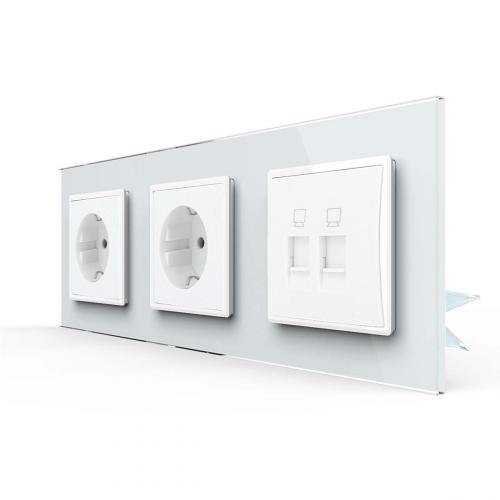 Glas 2 Steckdosen + Netzwerk RJ45 VDE Unterputz Wei LINA 