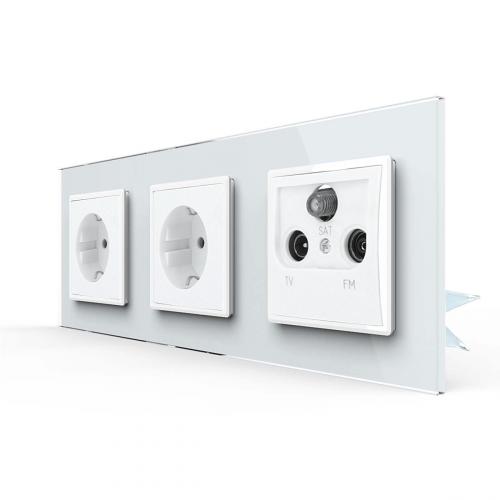 Glas 2 Steckdosen + SAT-TV-Radio VDE Unterputz Wei LINA 