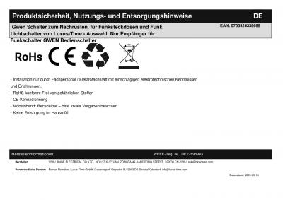 Gwen Schalter zum Nachrsten, fr Funksteckdosen und Funk Lichtschalter von Luxus-Time - Auswahl: Nur Empfnger fr Funkschalter GWEN Bedienschalter