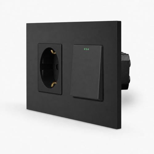 One 1-facher Lichtschalter / Wechselschalter + Steckdose Wippe Schwarz LUXUS-TIME 