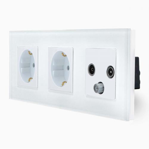 Glas TV/SAT/FM RADIO Durchgang Dose + 2 Steckdosen Wei Luxus-Time