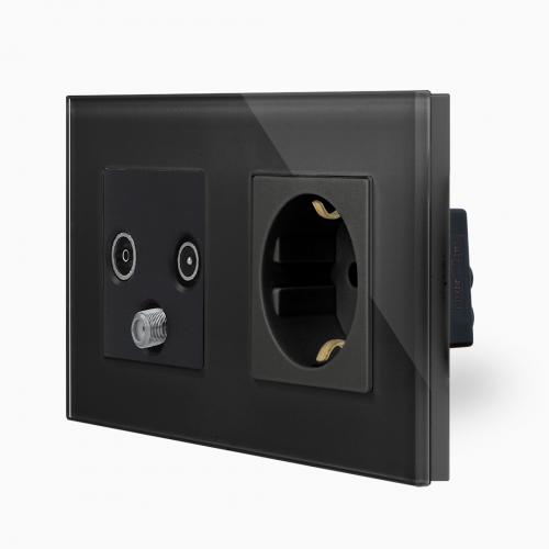 Glas TV/SAT/FM RADIO Durchgang Dose + Steckdose Schwarz Luxus-Time