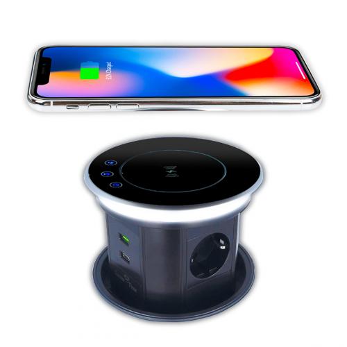 Versenkbare Tischsteckdose mit WLAN, USB, Induktions-Ladestation und Beleuchtung
