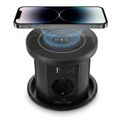 Versenkbare Tischsteckdose mit USB und Induktions-Ladestation Pop-UP