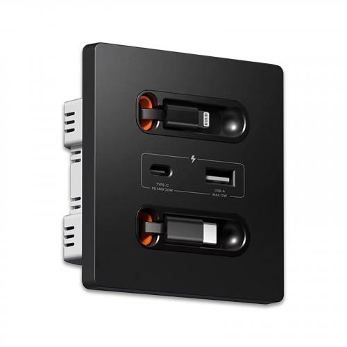 20W Schnelllade Steckdose mit Typ C USB & Teleskop-Ladeleitung, Wandmontage Schwarz
