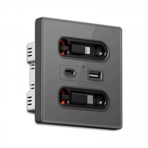 20W Schnelllade Steckdose mit Typ C USB & Teleskop-Ladeleitung, Wandmontage Glas Grau