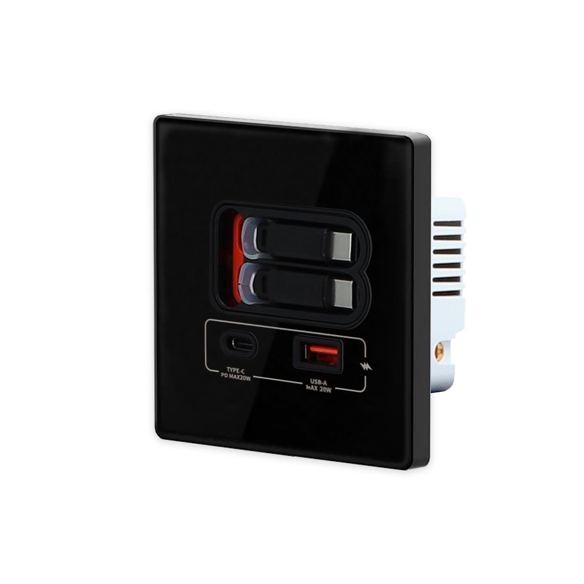 20W Schnelllade Steckdose mit 2x Typ C USB & Teleskop-Ladeleitung, Wandmontage Glas Schwarz