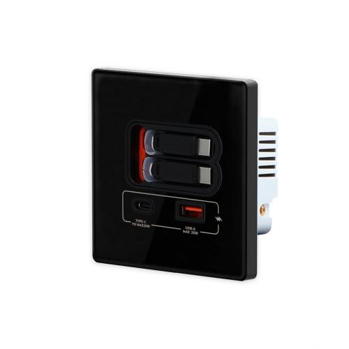 20W Schnelllade Steckdose mit 2x Typ C USB & Teleskop-Ladeleitung, Wandmontage Glas Schwarz