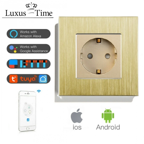 LUXUS-TIME WiFi Smart Steckdose WLAN Wandsteckdose Schuko Alexa UP Gold Alurahmen