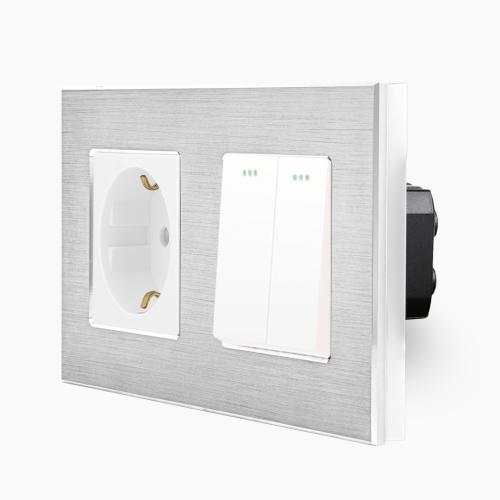 Alu 2-facher Lichtschalter (Serienschalter) + Steckdose Wippe Wei� LUXUS-TIME 
