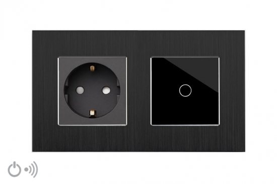 POINT Funk Touch Lichtschalter 1 Fach + Funk Steckdose mit Aluminium Rahmen in schwarz/schwarz LXBA2-12-71R-P-701R-12
