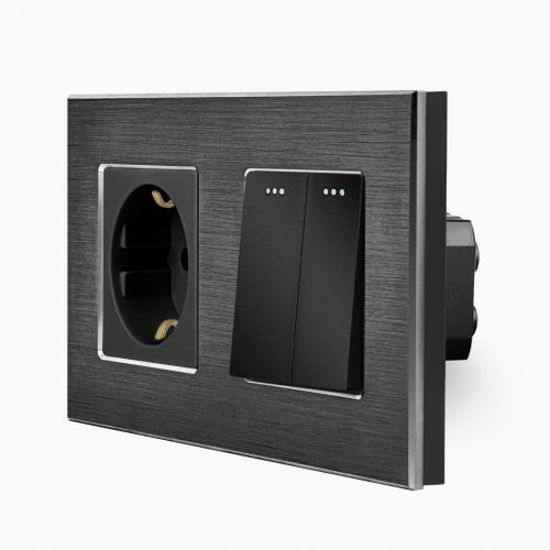 Alu 2-facher Lichtschalter (Serienschalter) + Steckdose Wippe Schwarz LUXUS-TIME 