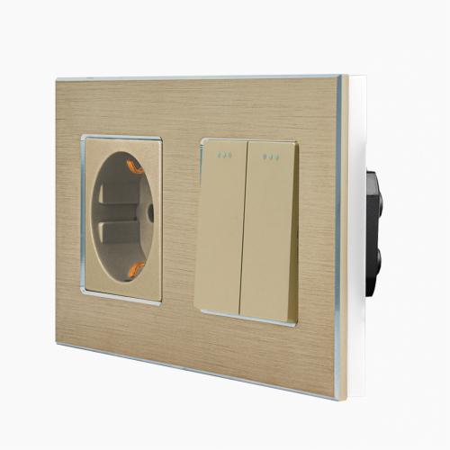 Alu 2-facher Lichtschalter (Serienschalter) + Steckdose Wippe Gold LUXUS-TIME 