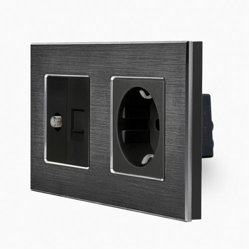 Alu 2-fache Steckdose + SAT / LAN Schwarz mit  Alurahmen LUXUS-TIME