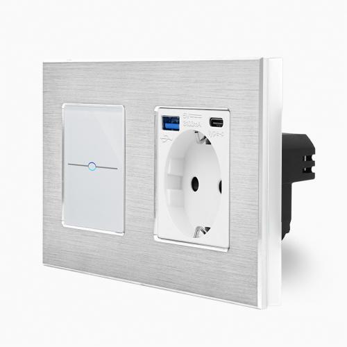 Alu 1-facher Wechselschalter / Kreuzschalter + Steckdose USB-A/C Touch Wei LXBA2/LX-701S-MP010U-11 LUXUS TIME