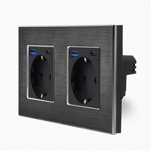 Alu 2 Steckdosen + USB Typ A/C 20W Schwarz LXBA2-MP010U-2-12 LUXUS-TIME 