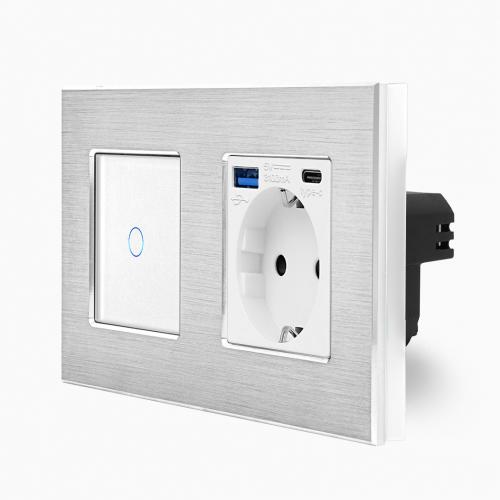 Alu 1-facher Wechselschalter / Kreuzschalter + Steckdose USB-A/C Touch Wei LXBA2/P-701S-MP010U-11 POINT 