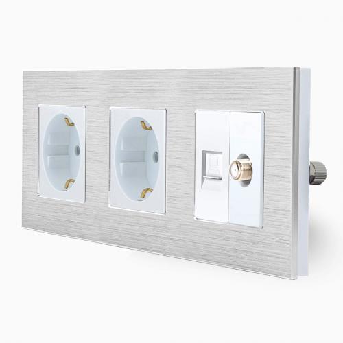Alu 3-fache Steckdose  + SAT/LAN Silber/Wei mit Rahmen LUXUS-TIME 