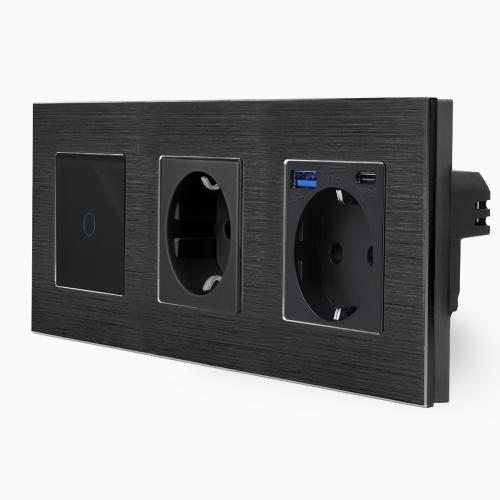 Alu Touch-Lichtschalter + Steckdose + Steckdose-USB-A/C Schwarz LXBA3/701-71-MP010U-12 POINT