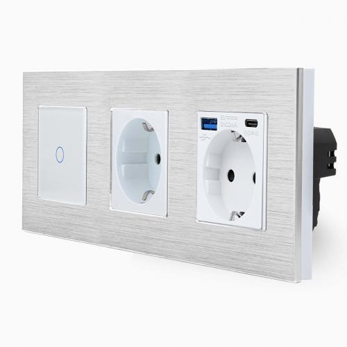 Alu Touch-Lichtschalter + Steckdose + Steckdose-USB-A/C Silber/Wei LXBA3/701-71-MP010U-11 POINT