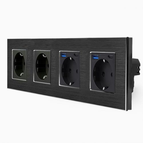 Alu 4-fache Steckdose + Steckdose-USB-A/C Schwarz LXBA4/2x71-2xMP010U-12 LUXUS-TIME 