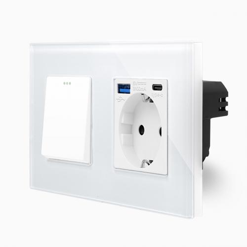 Glas 1-facher Lichtschalter / Wechselschalter + Steckdose USB-A/C Wippe Wei� LXBG2/LX-101M-MP010U-11 LUXUS-TIME 