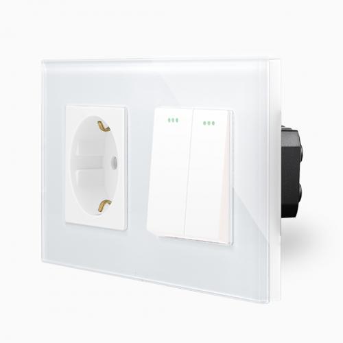 Glas 2-facher Lichtschalter (Serienschalter) + Steckdose Wippe Wei� LUXUS-TIME 