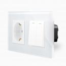 Glas 2-facher Lichtschalter (Serienschalter) + Steckdose Wippe Wei� LUXUS-TIME 