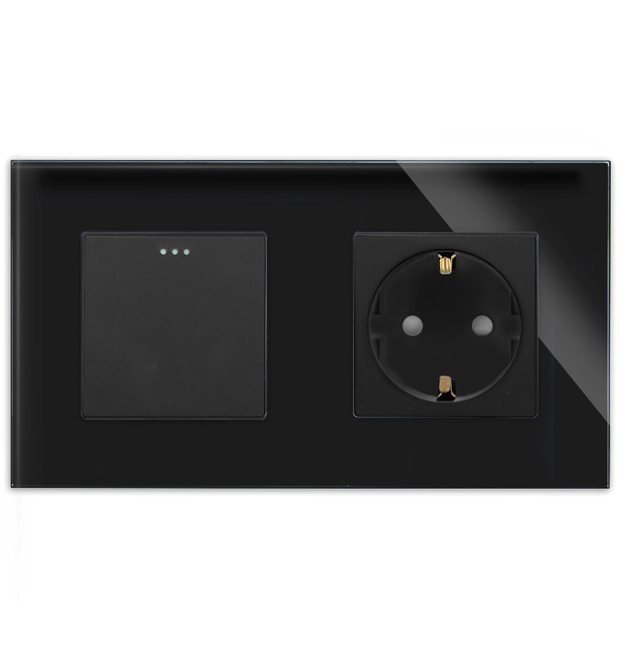 Lux Wipp Lichtschalter + Steckdose mit Glasrahmen 2 Fach Schwarz