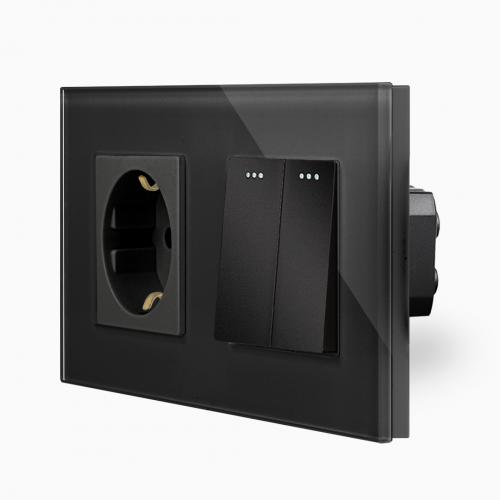 Glas 2-facher Lichtschalter (Serienschalter) + Steckdose Wippe Schwarz LUXUS-TIME 