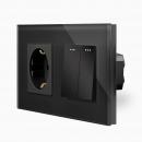 Glas 2-facher Lichtschalter (Serienschalter) + Steckdose Wippe Schwarz LUXUS-TIME 