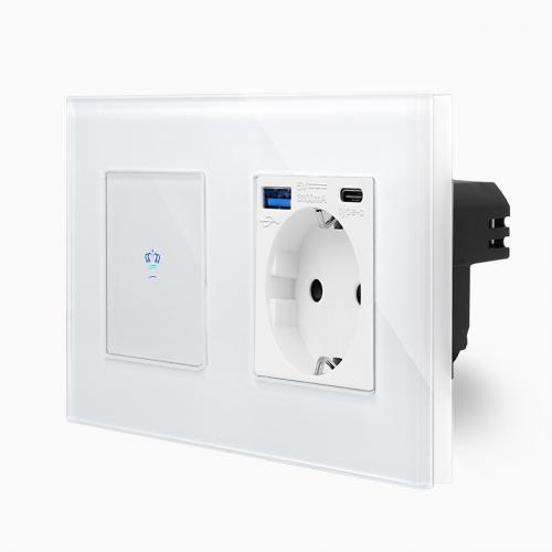 Glas 1-facher Wechselschalter / Kreuzschalter + Steckdose USB-A/C Touch Wei LXBG2/K-701S-MP010U-11 KRONE