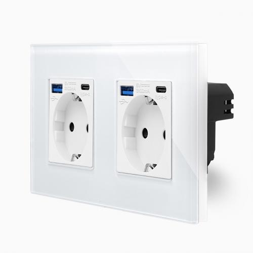 Glas 2 Steckdosen + USB Typ A/C 20W Wei LXBG2-MP010U-2-11 LUXUS-TIME 