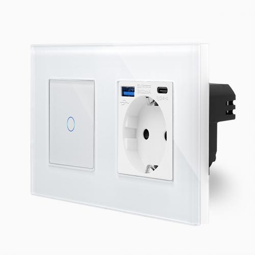 Glas 1-facher Wechselschalter / Kreuzschalter + Steckdose USB-A/C Touch Wei LXBG2/P-701S-MP010U-11 POINT 