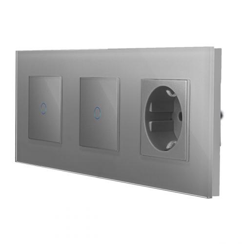 Glas 2 Touch-Lichtschalter + Steckdose Grau LXBG3/P701-71-15 POINT