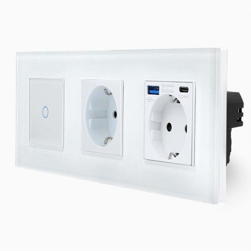 Glas Touch-Lichtschalter + Steckdose + Steckdose-USB-A/C Wei LXBG3/701-71-MP010U-11 POINT