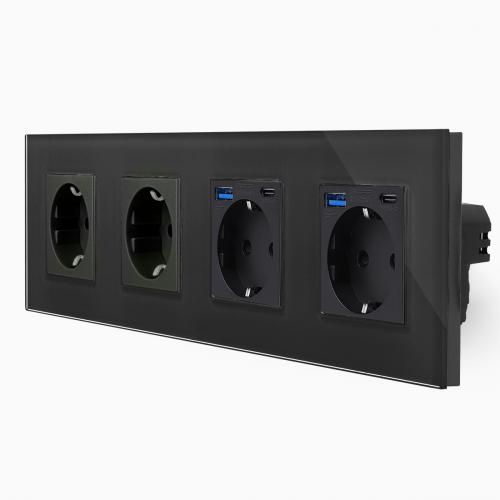 Glas 4-fache Steckdose + Steckdose-USB-A/C Schwarz LXBG4/2x71-2xMP010U-12 LUXUS-TIME 