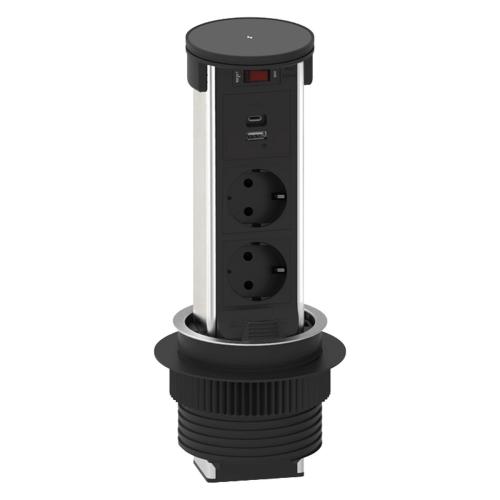 Versenkbare Tischsteckdose mit Induktionsladefl�che, 2 Steckdosen & USB-A/USB-C, IP42
