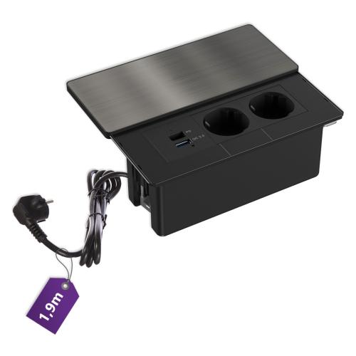 Design Tischsteckdose mit Schiebedeckel Edelstahl Steckdose USB-C Einbau