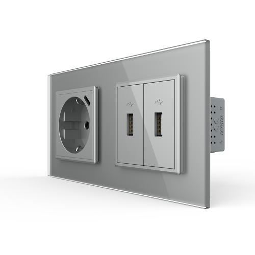 2 USB-A + Steckdose m. USB-C Module Grau LIVOLO