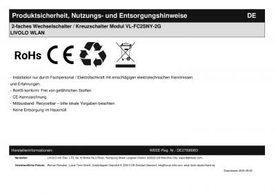 2-faches Wechselschalter / Kreuzschalter Modul VL-FC2SNY-2G LIVOLO WLAN