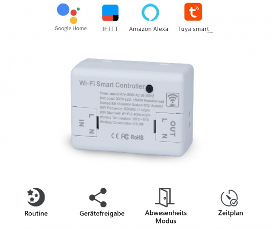 WiFi Smart Controller Modul ferngesteuert Ein- und Ausschalten z.B. für Lampen Fernseher Wasserkocher per App Sprachsteuerung Timer funktion Alexa Google Tuya 